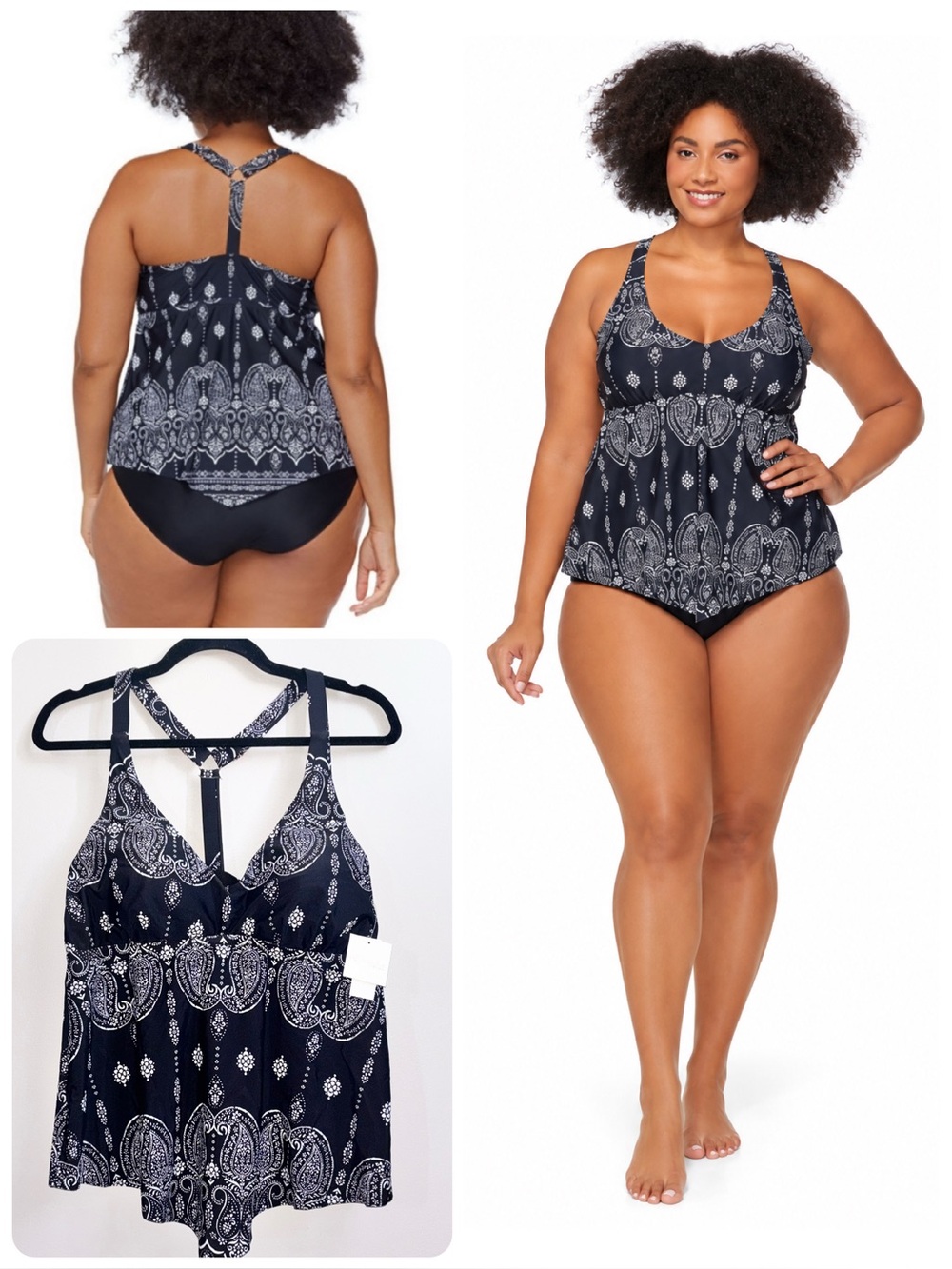 NWT Raisins Curve Paisley Bandana Handkerchief Print Tankini Top Black White 14